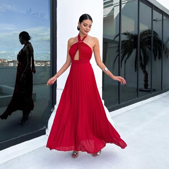 Zara dress maxi red pleated Elegant Halter wedding party evening